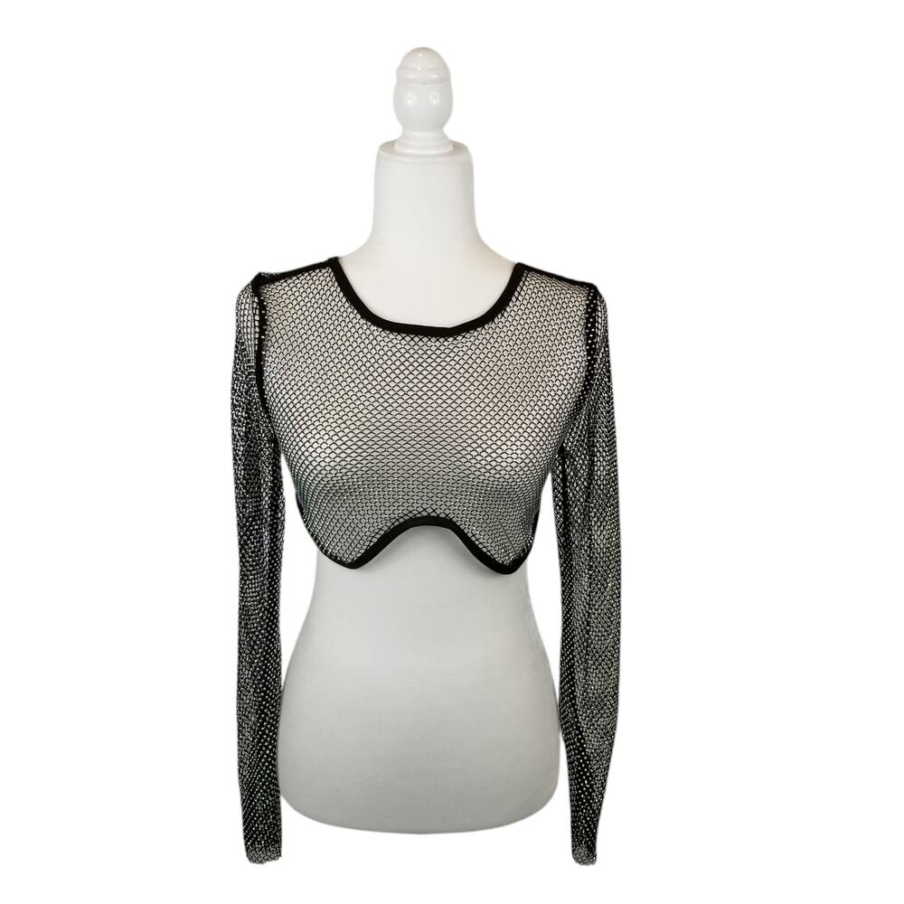 Shein Women's Rhinestone Mesh Long Sleeve Crop Top Black Size Medium